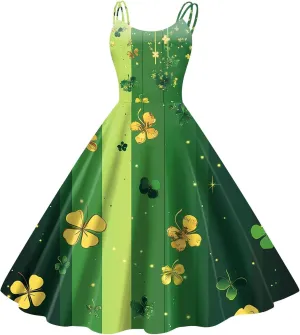 St Patrick's Day Dress Womens Loose Off Shoulder Vintage Sleeveless Midi A-Line Shamrock Print Swing Dresses