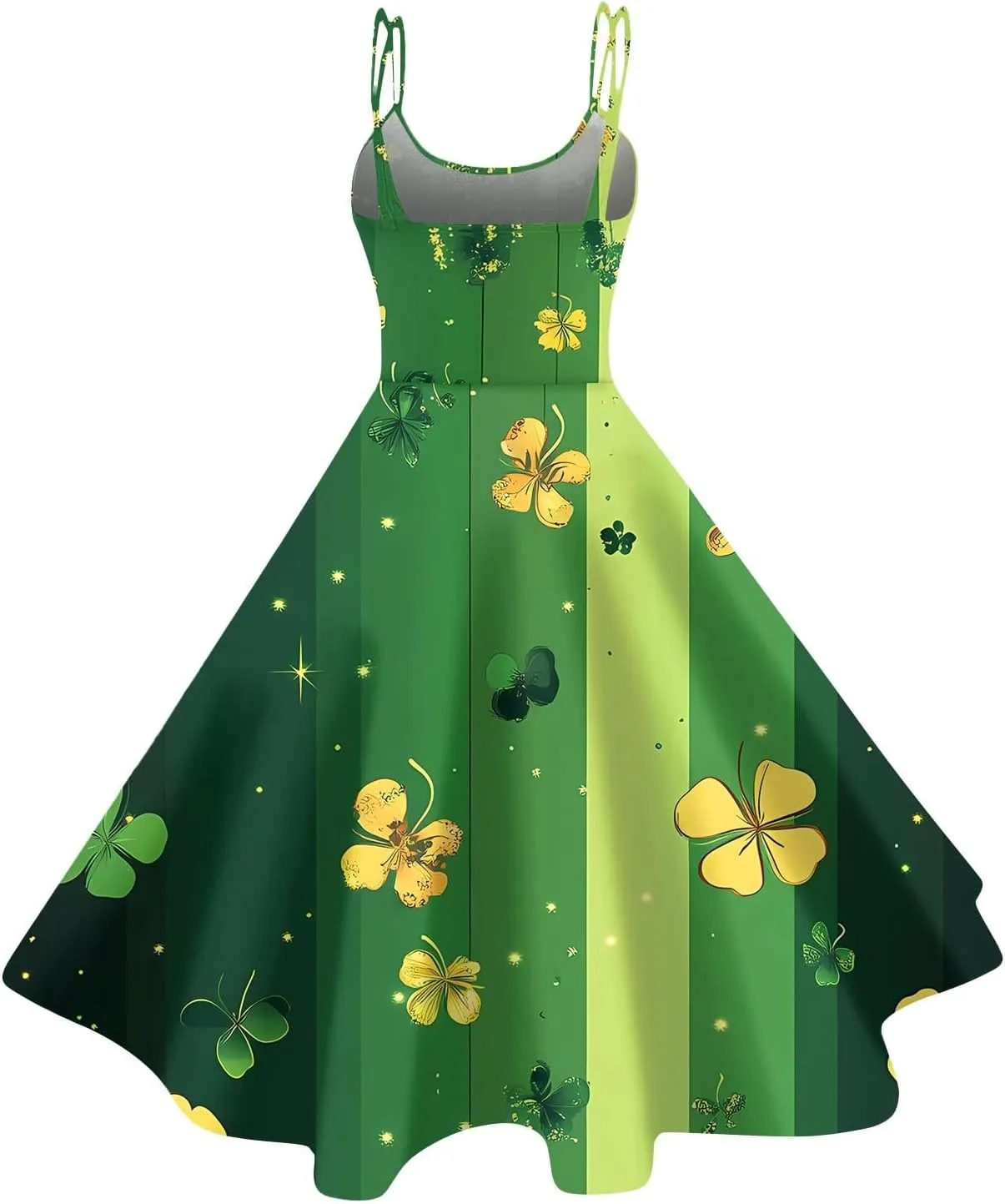 St Patrick's Day Dress Womens Loose Off Shoulder Vintage Sleeveless Midi A-Line Shamrock Print Swing Dresses