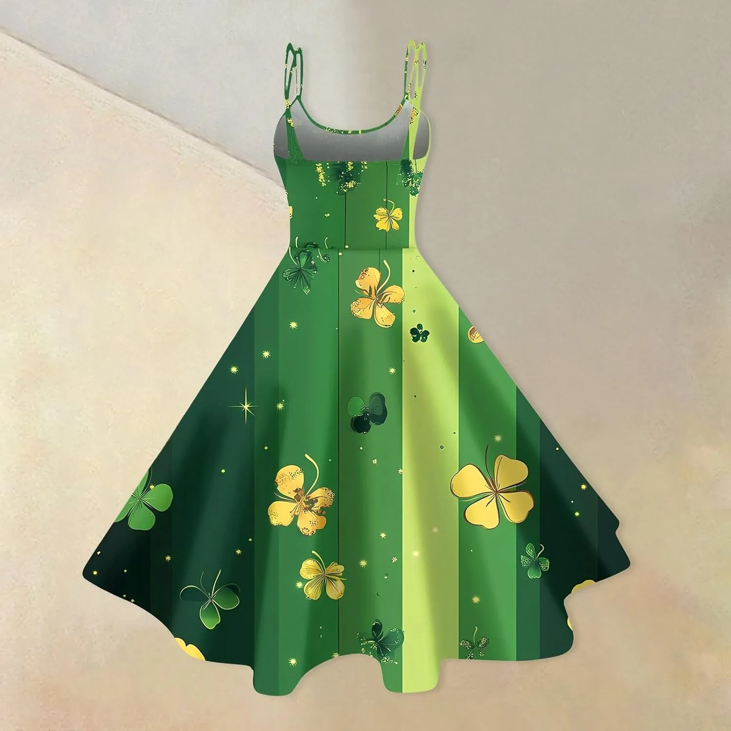 St Patrick's Day Dress Womens Loose Off Shoulder Vintage Sleeveless Midi A-Line Shamrock Print Swing Dresses