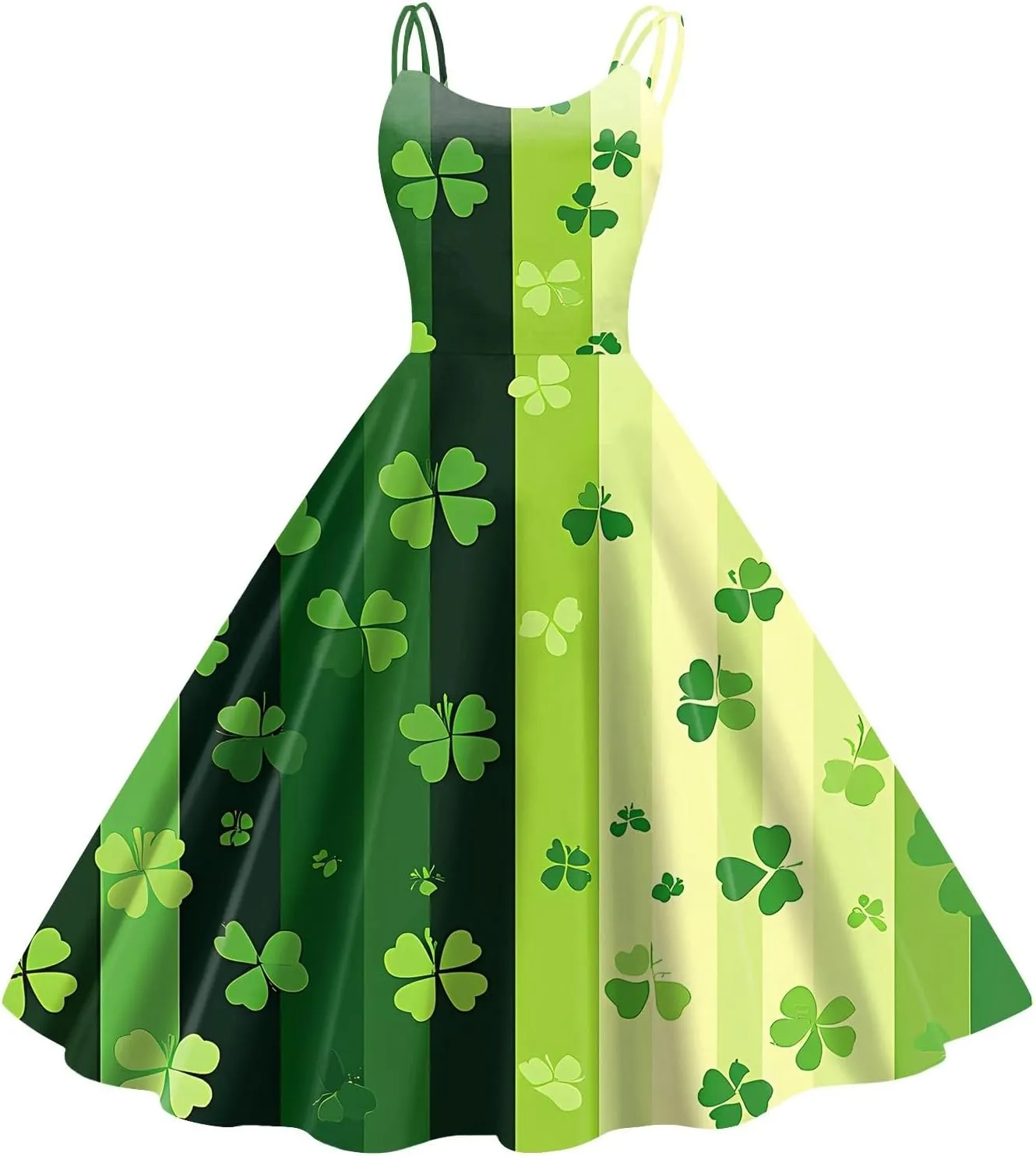 St Patricks Day Dresses for Women Casual Off Shoulder Vintage Sleeveless Midi A-Line Swing Shamrock Print Dresses