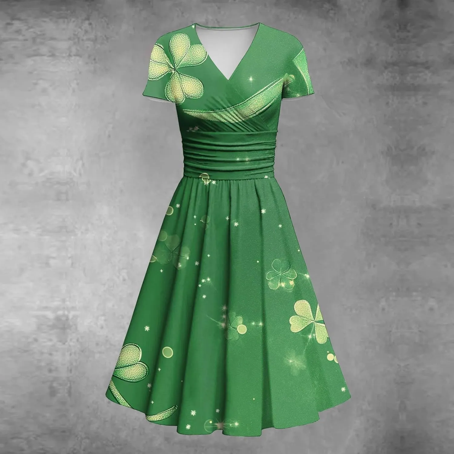 St Patricks Dress for Women V Neck Short Sleeve Princess Shamrock Print Pulled Ruffle Waist Drawstring Fashion Dresses