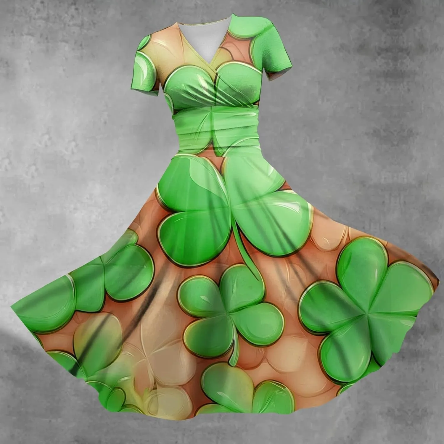 St Patricks Dress for Women V Neck Short Sleeve Princess Shamrock Print Pulled Ruffle Waist Drawstring Fashion Dresses
