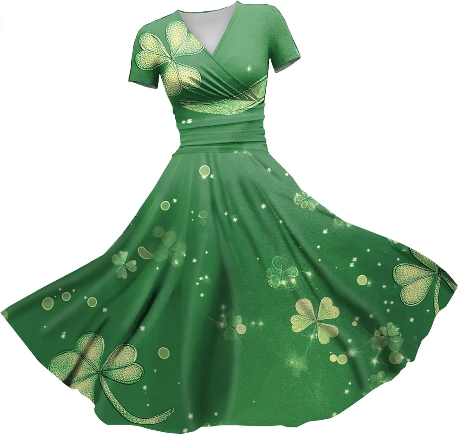 St Patricks Dress for Women V Neck Short Sleeve Princess Shamrock Print Pulled Ruffle Waist Drawstring Fashion Dresses