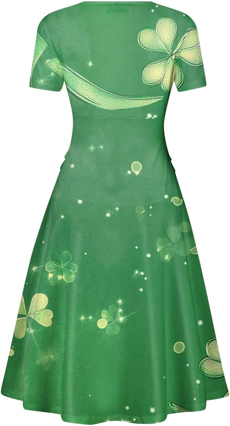 St Patricks Dress for Women V Neck Short Sleeve Princess Shamrock Print Pulled Ruffle Waist Drawstring Fashion Dresses