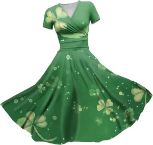 St Patricks Dress for Women V Neck Short Sleeve Princess Shamrock Print Pulled Ruffle Waist Drawstring Fashion Dresses