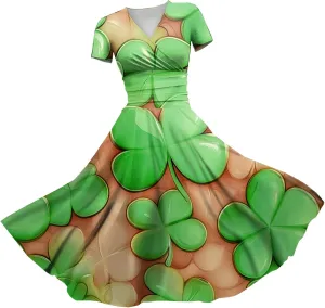 St Patricks Dress for Women V Neck Short Sleeve Princess Shamrock Print Pulled Ruffle Waist Drawstring Fashion Dresses