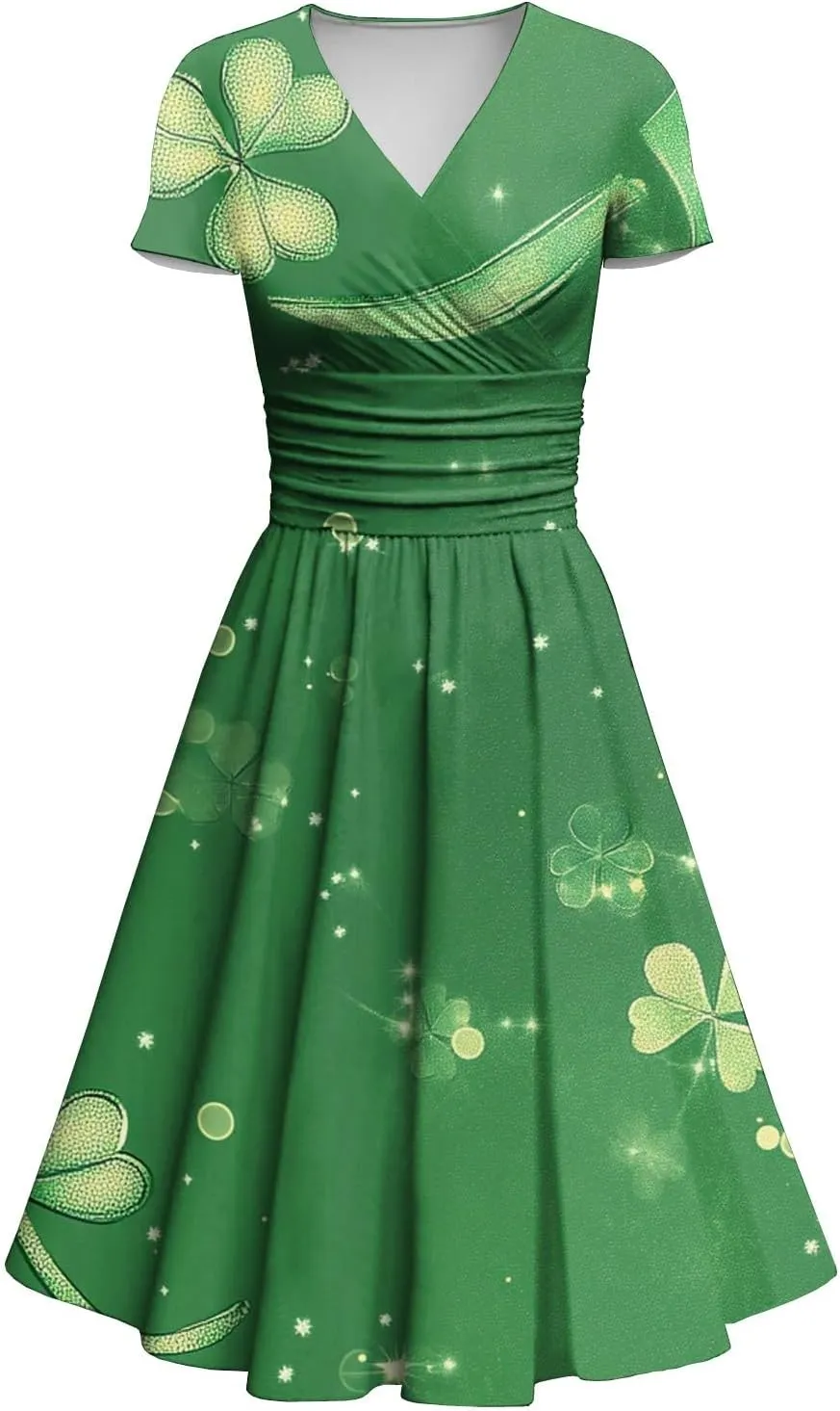 St Patricks Dress for Women V Neck Short Sleeve Princess Shamrock Print Pulled Ruffle Waist Drawstring Fashion Dresses