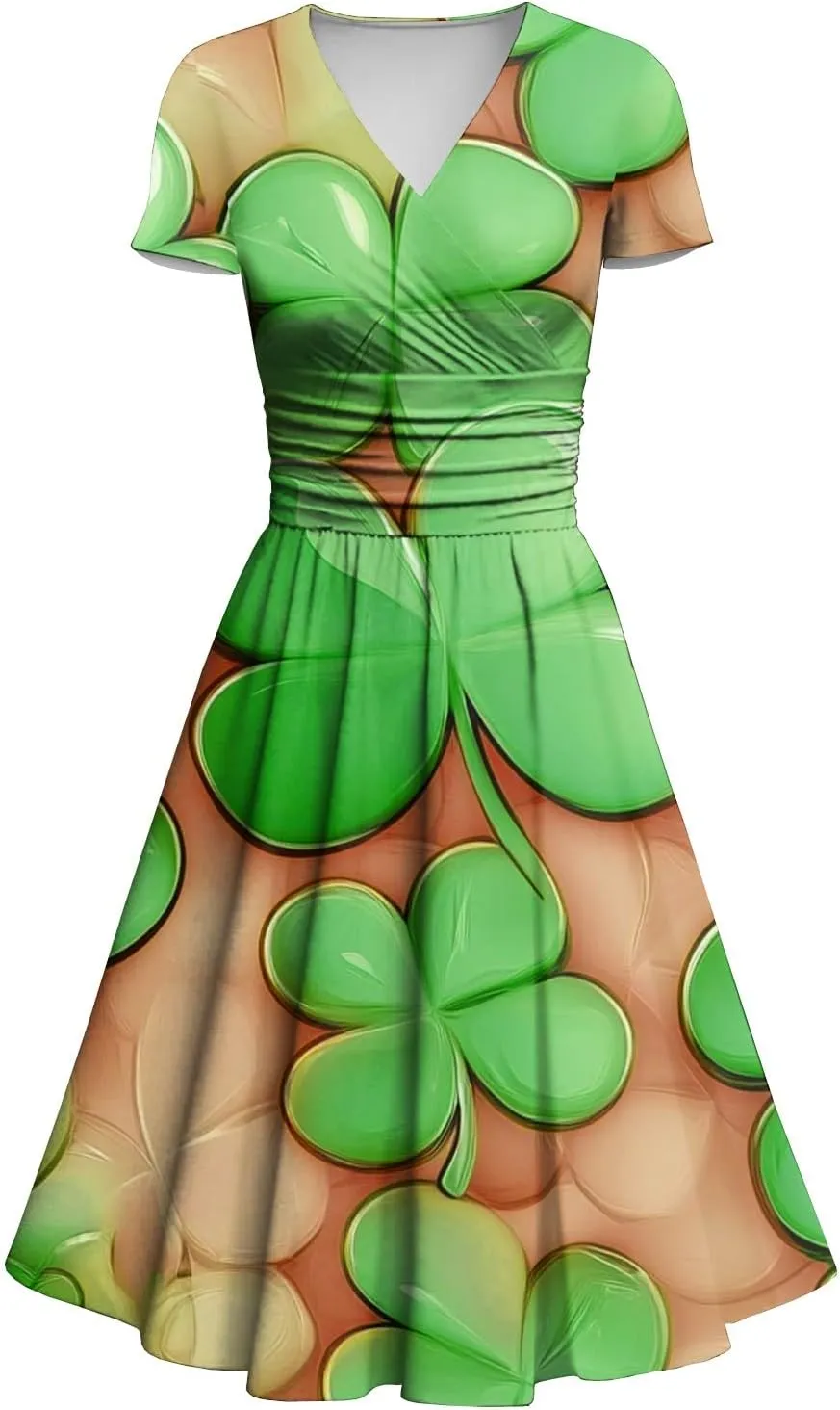 St Patricks Dress for Women V Neck Short Sleeve Princess Shamrock Print Pulled Ruffle Waist Drawstring Fashion Dresses