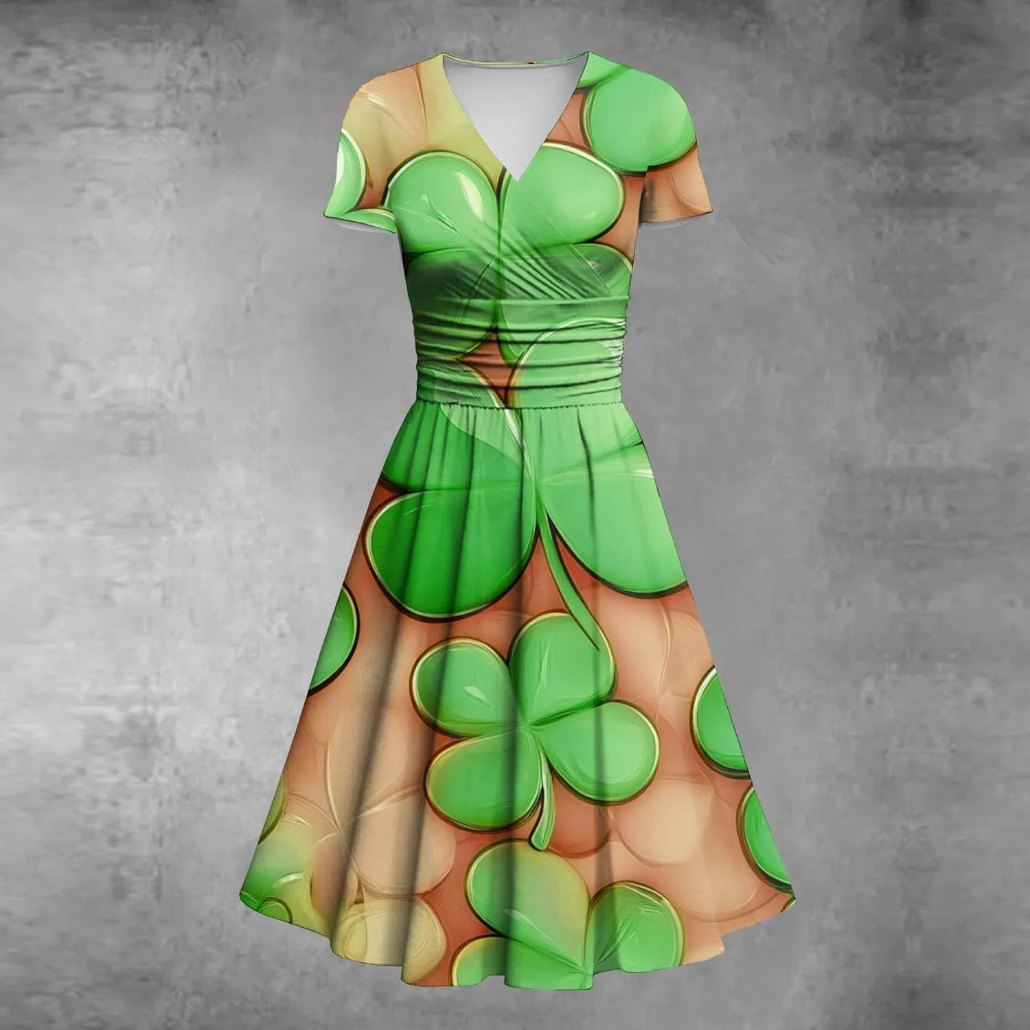St Patricks Dress for Women V Neck Short Sleeve Princess Shamrock Print Pulled Ruffle Waist Drawstring Fashion Dresses