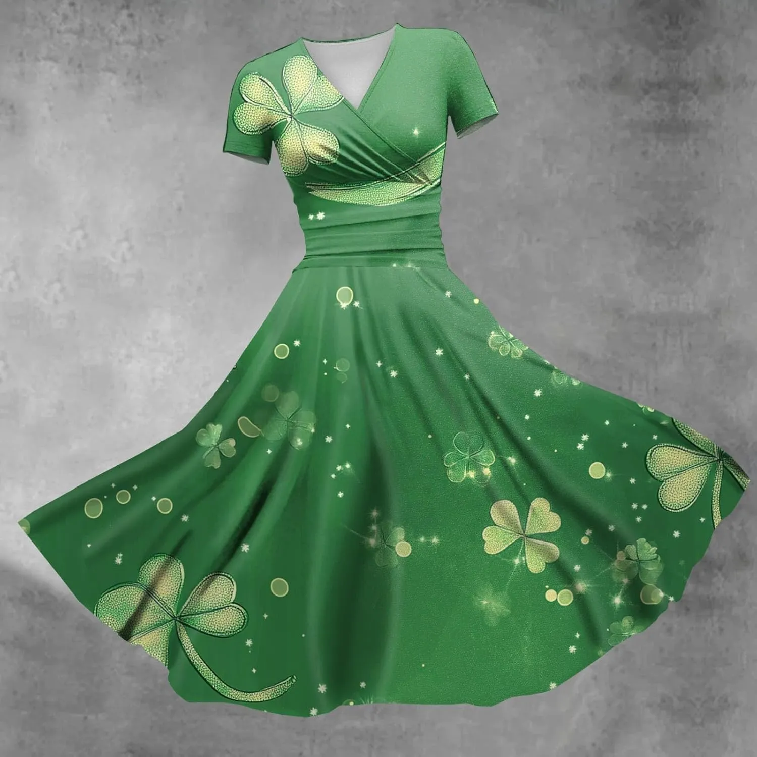 St Patricks Dress for Women V Neck Short Sleeve Princess Shamrock Print Pulled Ruffle Waist Drawstring Fashion Dresses