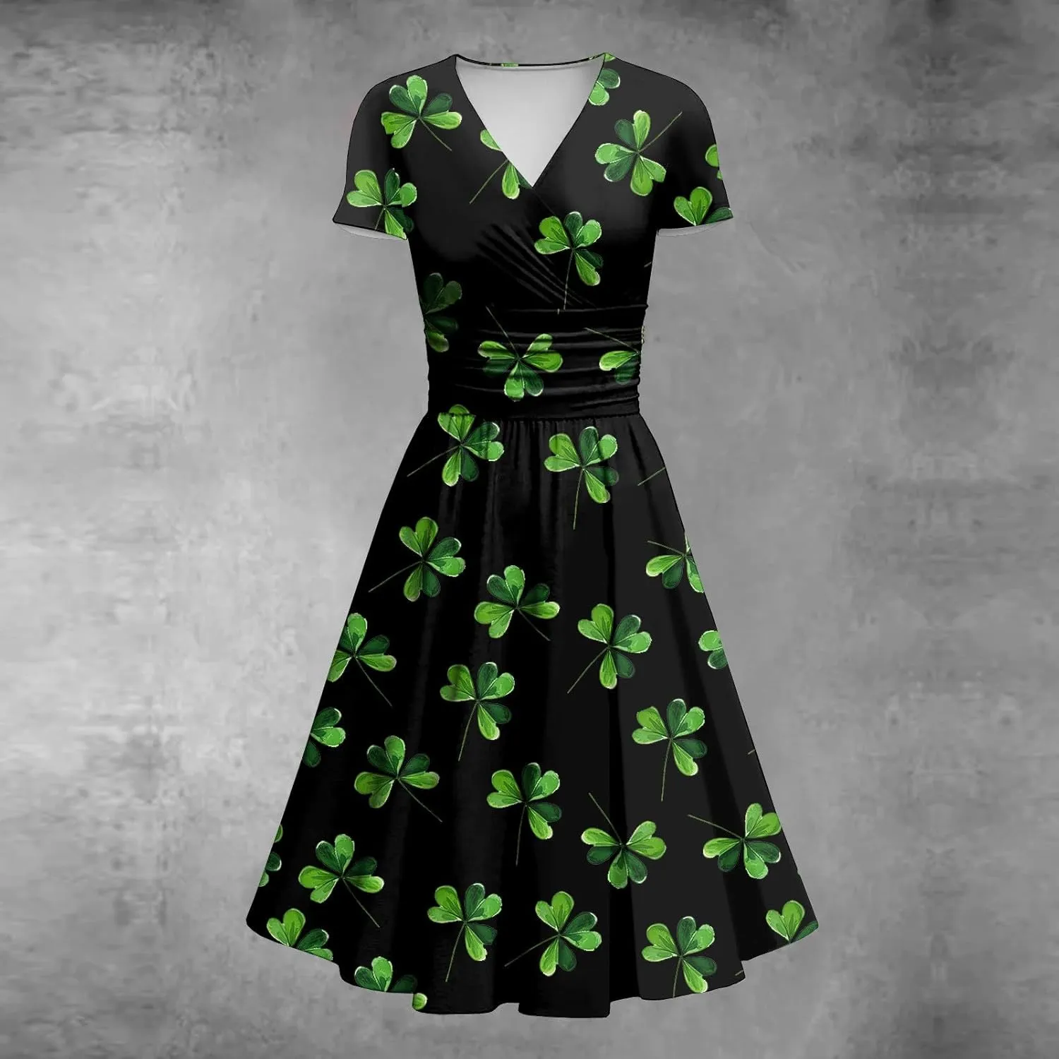 St Patricks Dress Women Dressy Short Sleeve Princess V Neck Pulled Ruffle Shamrock Print Waist Drawstring Sexy Dresses