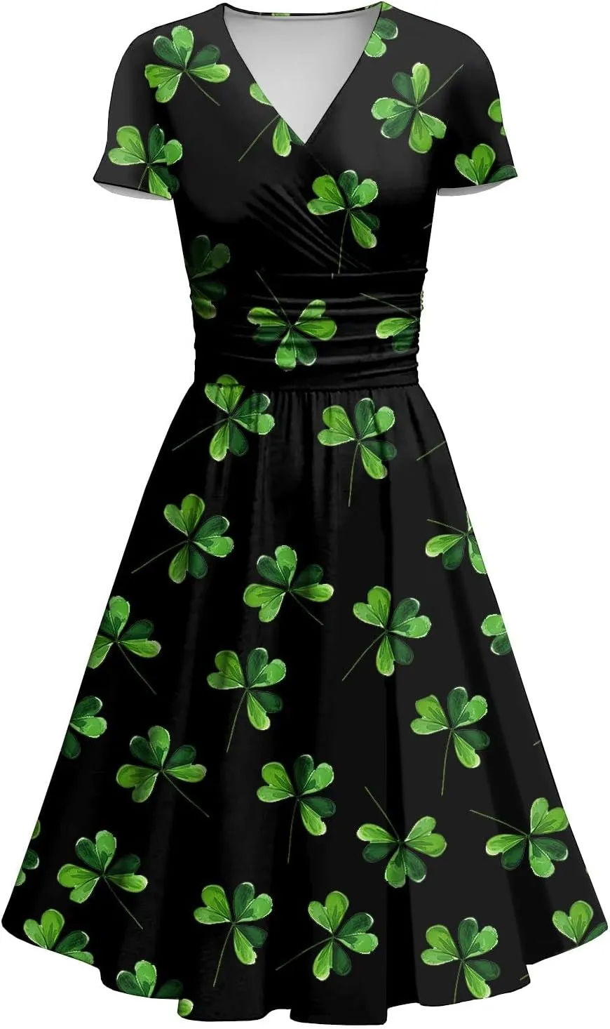 St Patricks Dress Women Dressy Short Sleeve Princess V Neck Pulled Ruffle Shamrock Print Waist Drawstring Sexy Dresses