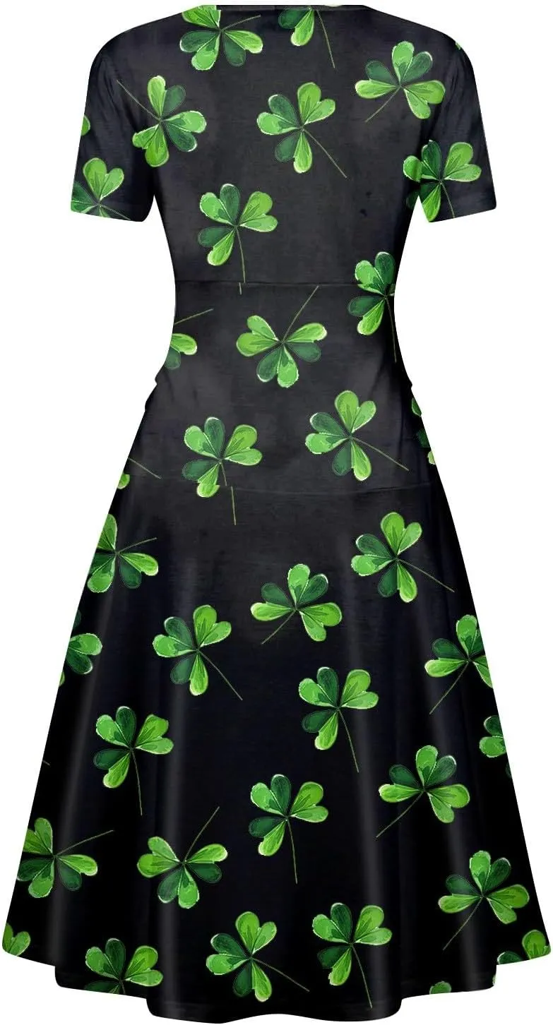 St Patricks Dress Women Dressy Short Sleeve Princess V Neck Pulled Ruffle Shamrock Print Waist Drawstring Sexy Dresses