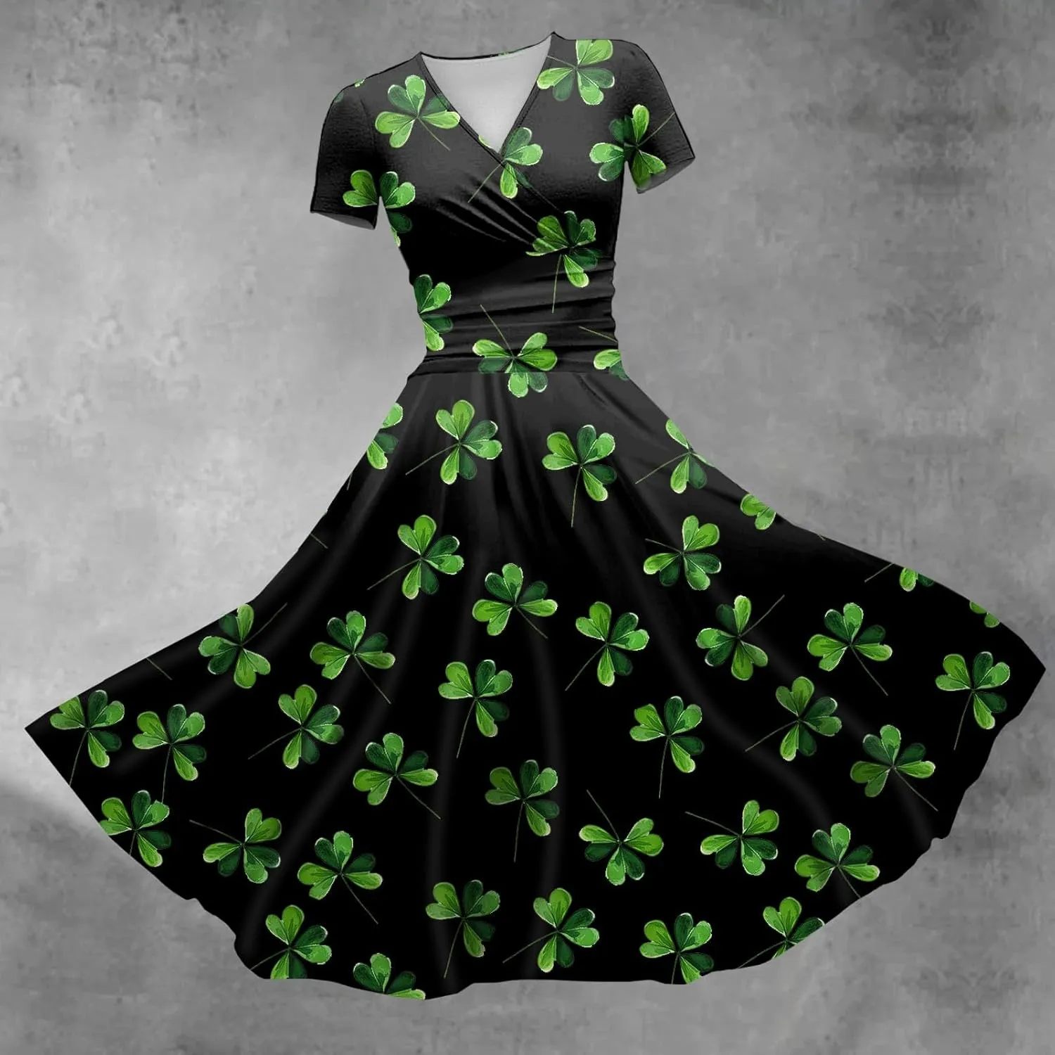 St Patricks Dress Women Dressy Short Sleeve Princess V Neck Pulled Ruffle Shamrock Print Waist Drawstring Sexy Dresses