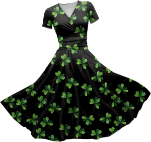 St Patricks Dress Women Dressy Short Sleeve Princess V Neck Pulled Ruffle Shamrock Print Waist Drawstring Sexy Dresses