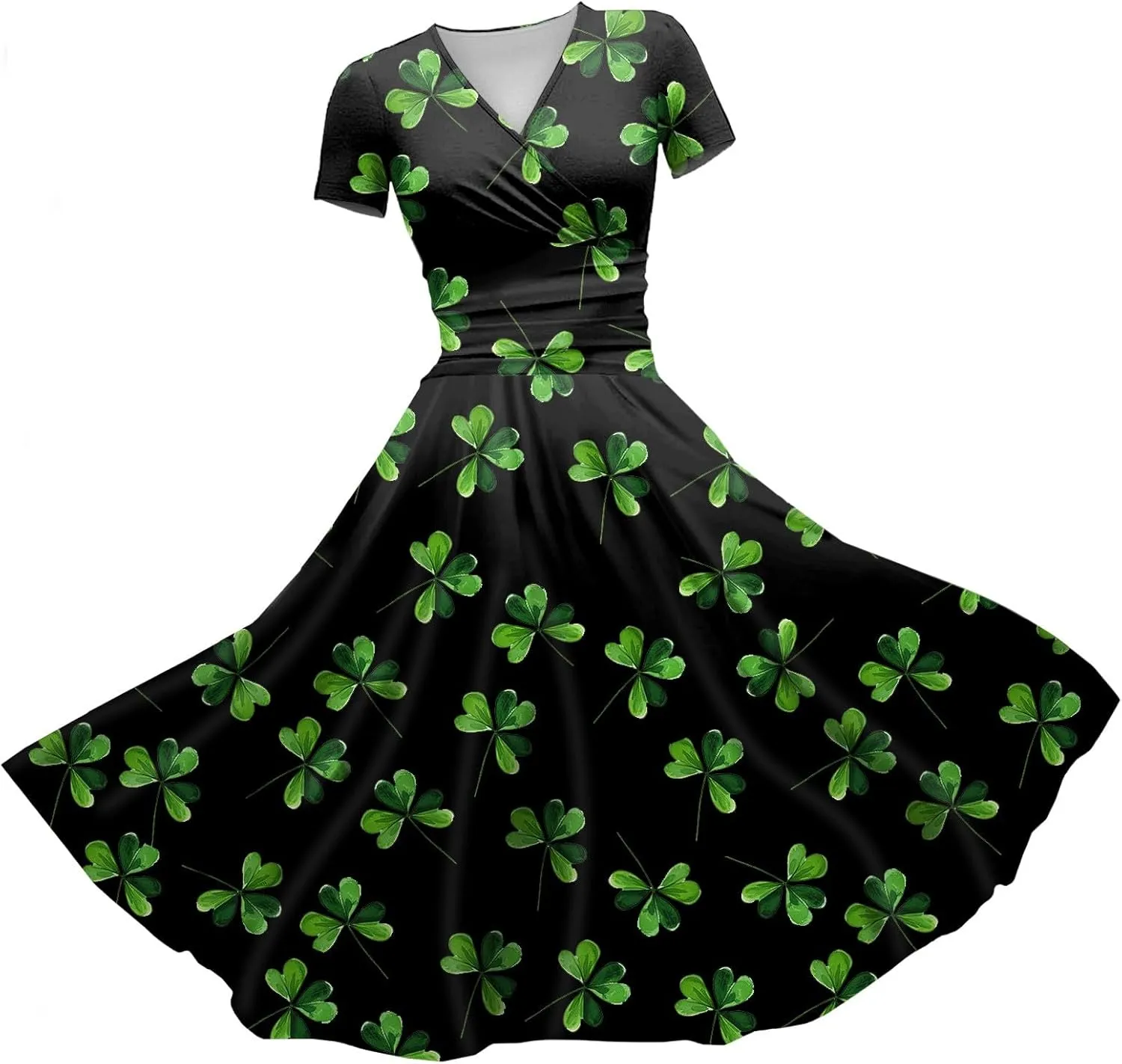 St Patricks Dress Women Dressy Short Sleeve Princess V Neck Pulled Ruffle Shamrock Print Waist Drawstring Sexy Dresses