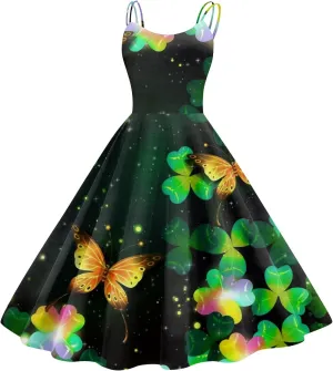 St Patricks Dresses for Women Party Sleeveless Vintage Off Shoulder Midi A-Line Shamrock Print Dresses
