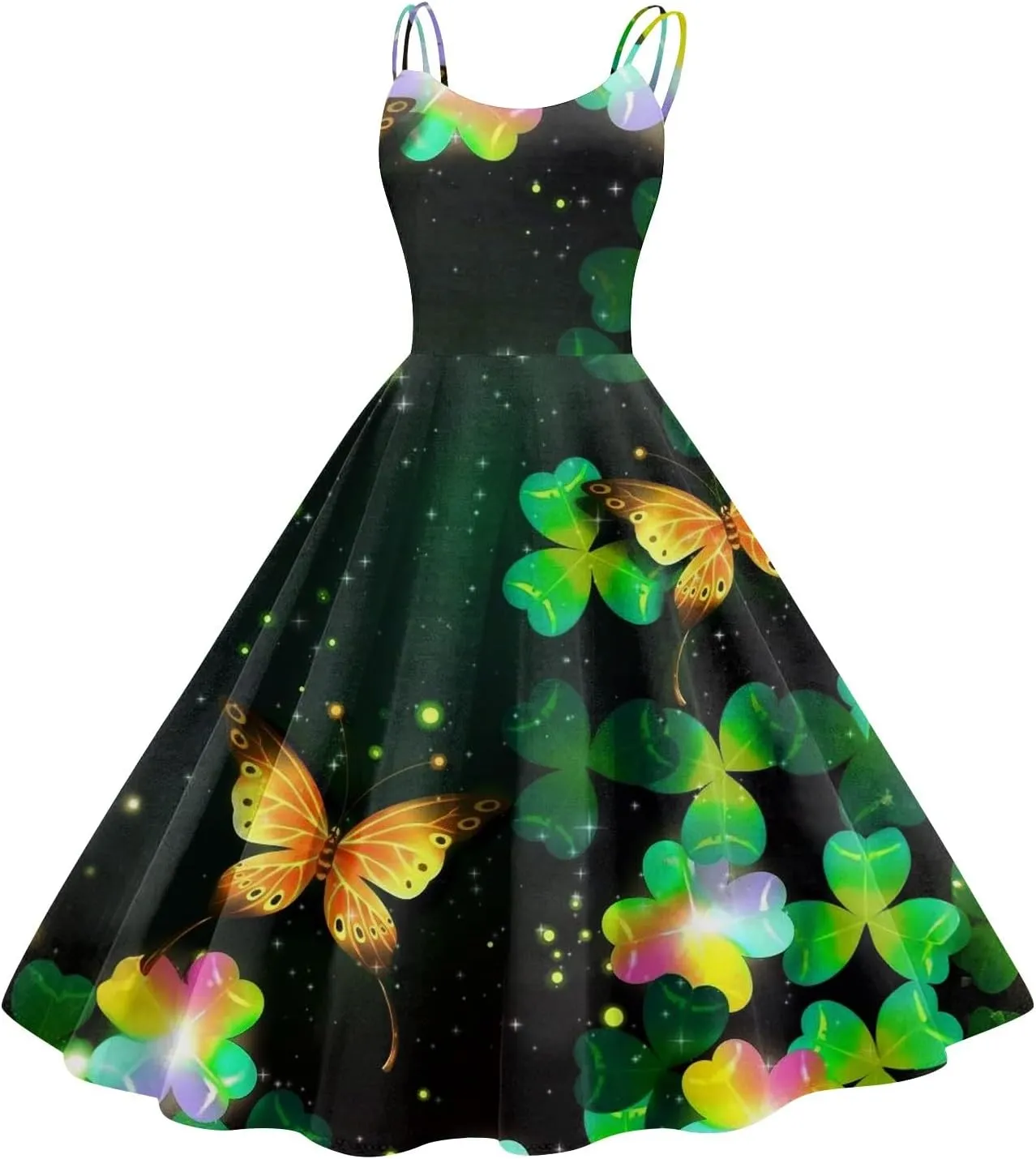 St Patricks Dresses for Women Party Sleeveless Vintage Off Shoulder Midi A-Line Shamrock Print Dresses