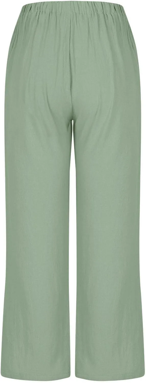 Straight Leg Pants for Women Cotton Linen Drawstring Waist Palazzo Pants Summer Fashion Lounge Trousers