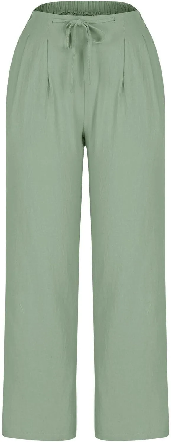 Straight Leg Pants for Women Cotton Linen Drawstring Waist Palazzo Pants Summer Fashion Lounge Trousers
