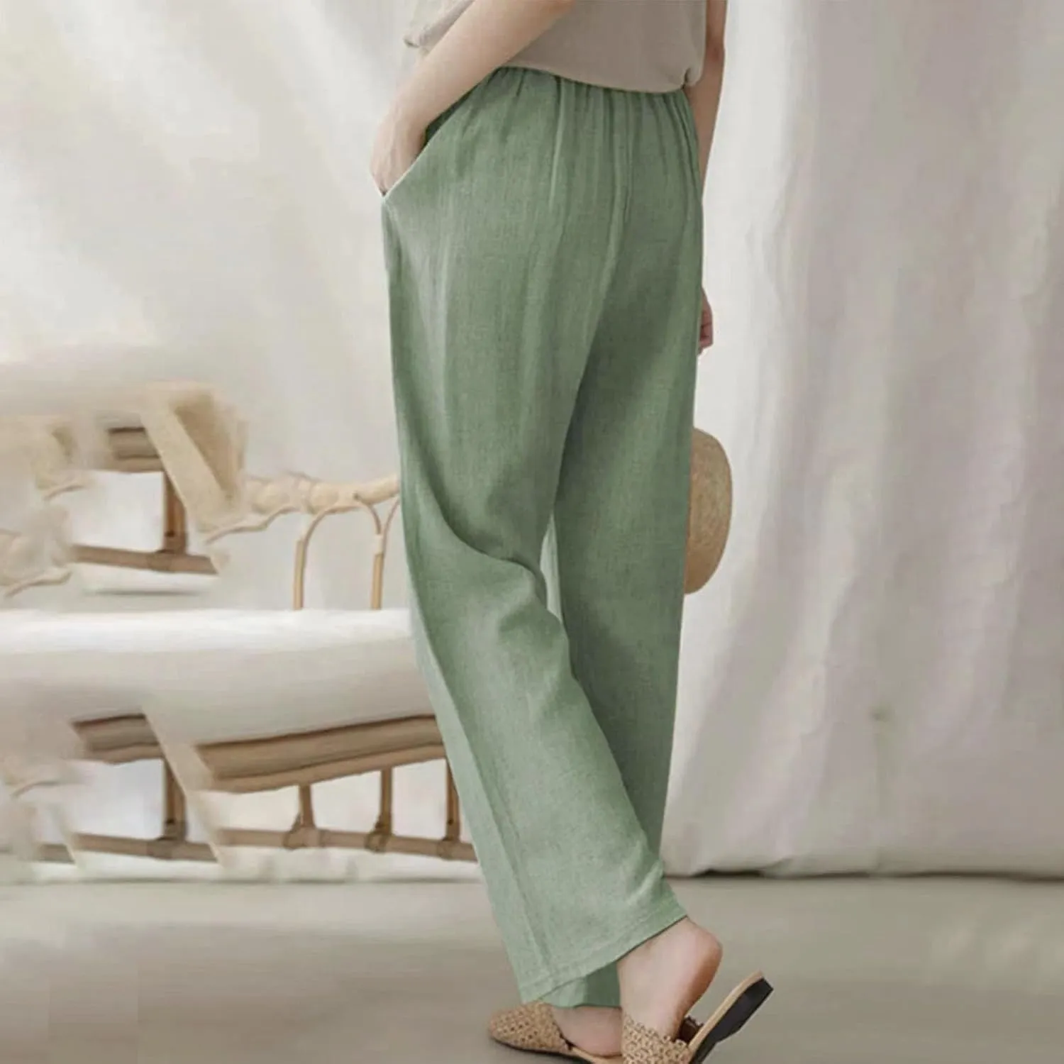 Straight Leg Pants for Women Cotton Linen Drawstring Waist Palazzo Pants Summer Fashion Lounge Trousers