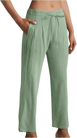 Straight Leg Pants for Women Cotton Linen Drawstring Waist Palazzo Pants Summer Fashion Lounge Trousers