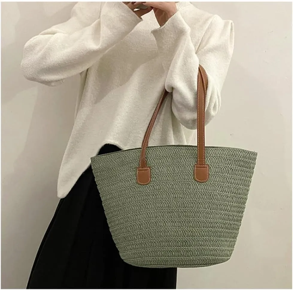 Straw Bag Straw Bag 2024 New Holiday Beach Straw Bag Woven Vegetable Basket Commuting Tote Bucket Straw Beach Bag
