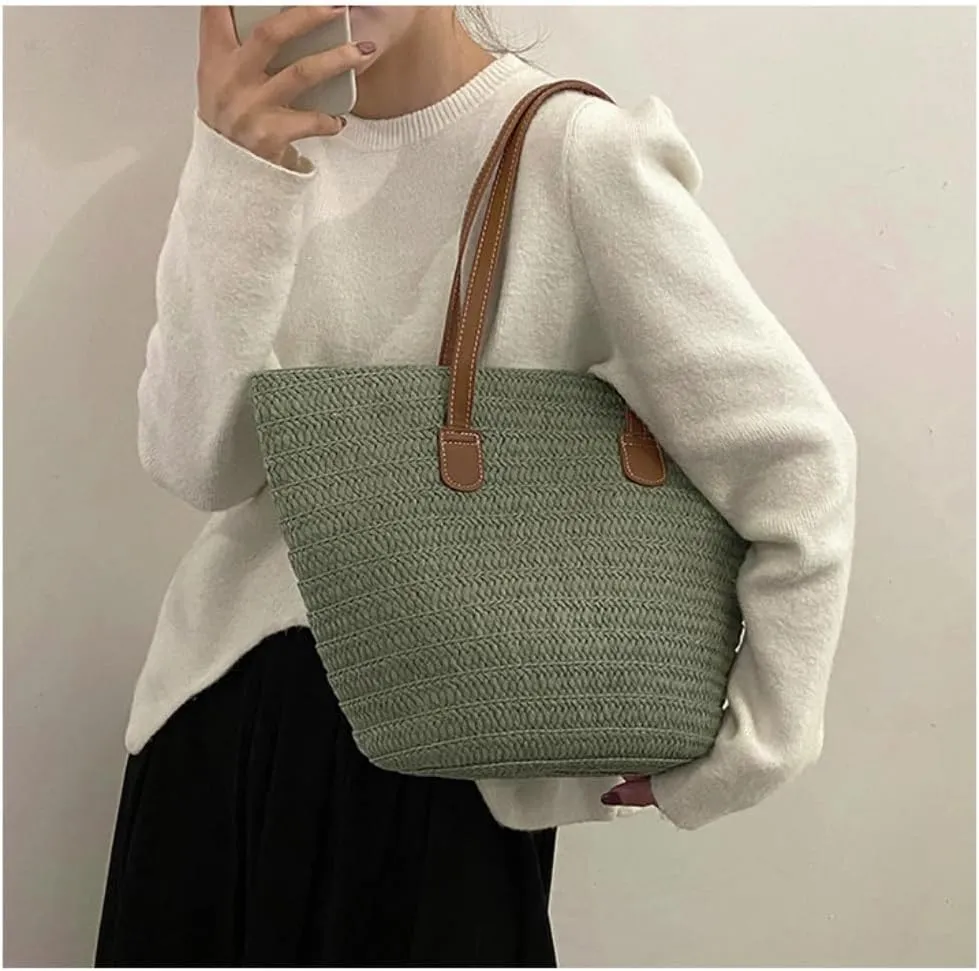 Straw Bag Straw Bag 2024 New Holiday Beach Straw Bag Woven Vegetable Basket Commuting Tote Bucket Straw Beach Bag