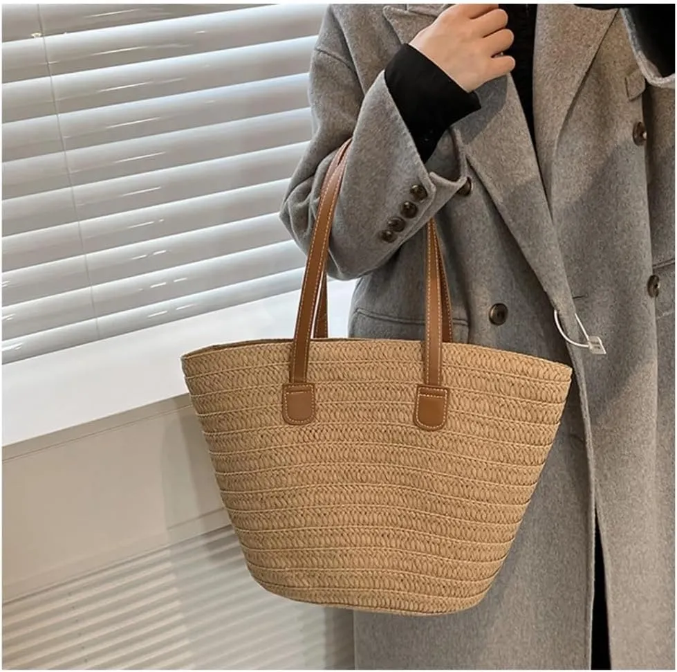 Straw Bag Straw Bag 2024 New Holiday Beach Straw Bag Woven Vegetable Basket Commuting Tote Bucket Straw Beach Bag