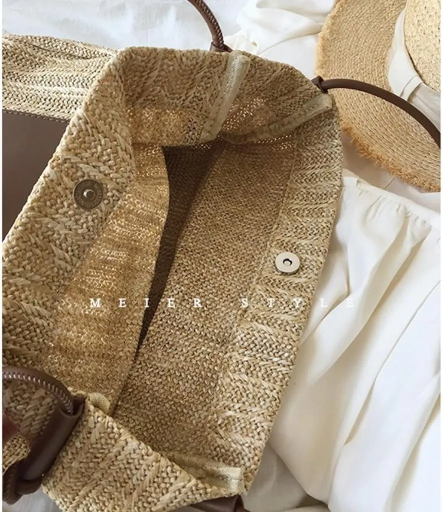Straw Bag Summer woven basket bag contrasting color straw bucket bag handbag shoulder bag Straw Beach Bag