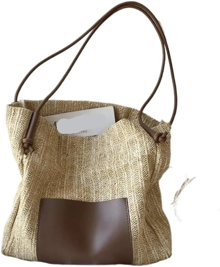 Straw Bag Summer woven basket bag contrasting color straw bucket bag handbag shoulder bag Straw Beach Bag