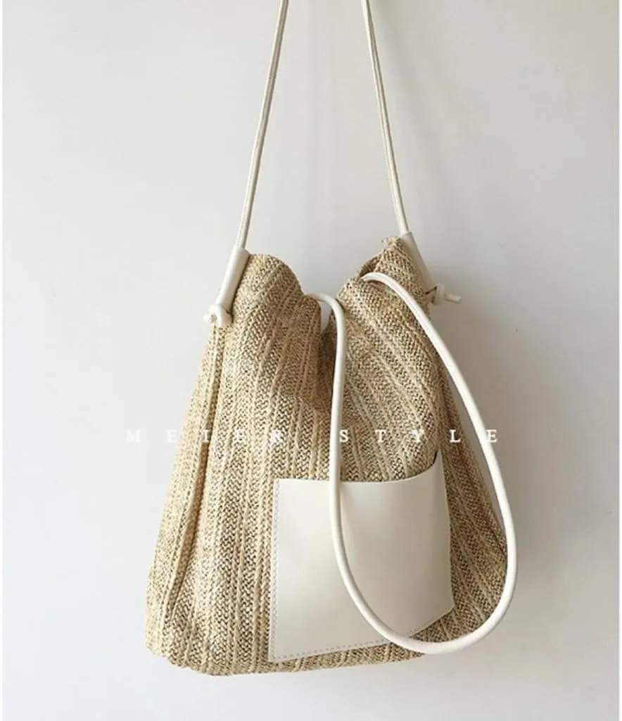 Straw Bag Summer woven basket bag contrasting color straw bucket bag handbag shoulder bag Straw Beach Bag