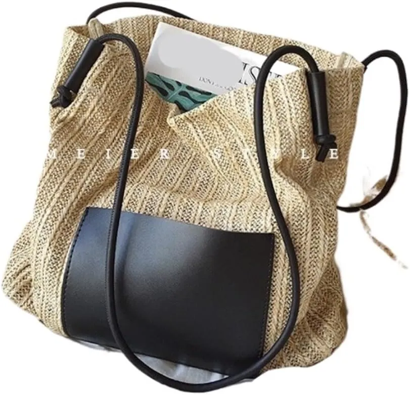 Straw Bag Summer woven basket bag contrasting color straw bucket bag handbag shoulder bag Straw Beach Bag