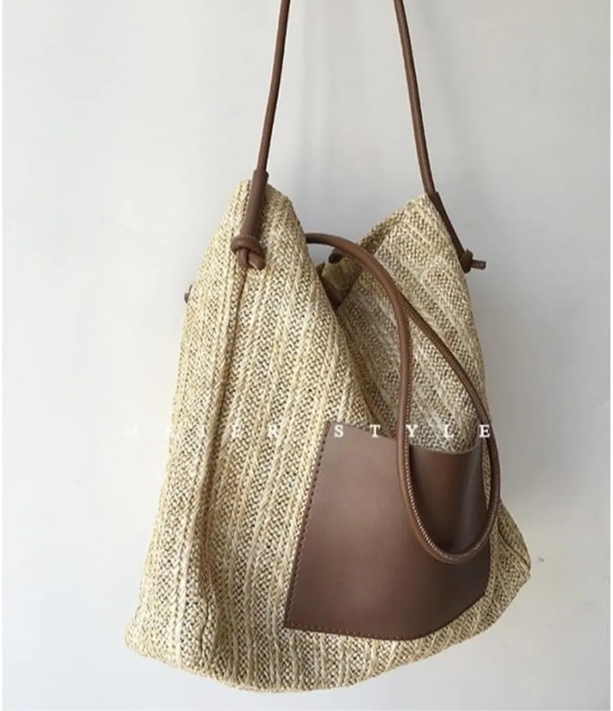 Straw Bag Summer woven basket bag contrasting color straw bucket bag handbag shoulder bag Straw Beach Bag