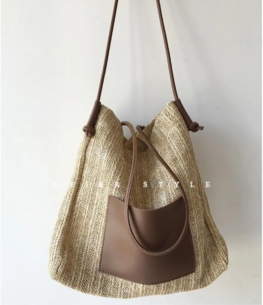 Straw Bag Summer woven basket bag contrasting color straw bucket bag handbag shoulder bag Straw Beach Bag