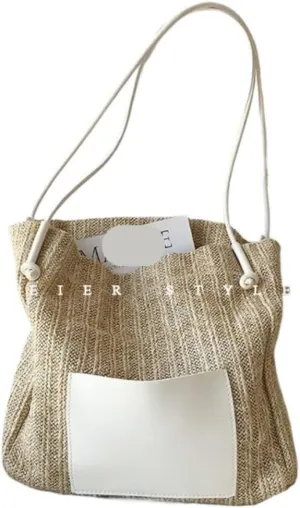 Straw Bag Summer woven basket bag contrasting color straw bucket bag handbag shoulder bag Straw Beach Bag