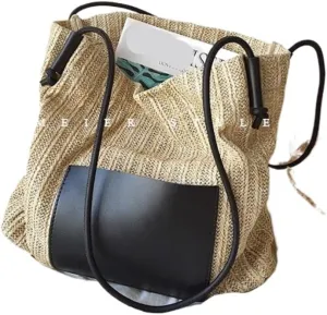 Straw Bag Summer woven basket bag contrasting color straw bucket bag handbag shoulder bag Straw Beach Bag