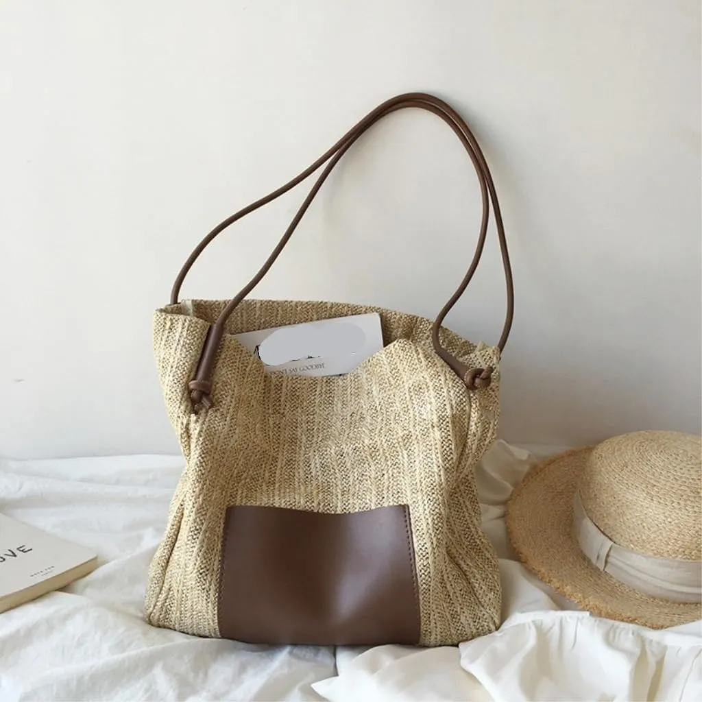 Straw Bag Summer woven basket bag contrasting color straw bucket bag handbag shoulder bag Straw Beach Bag