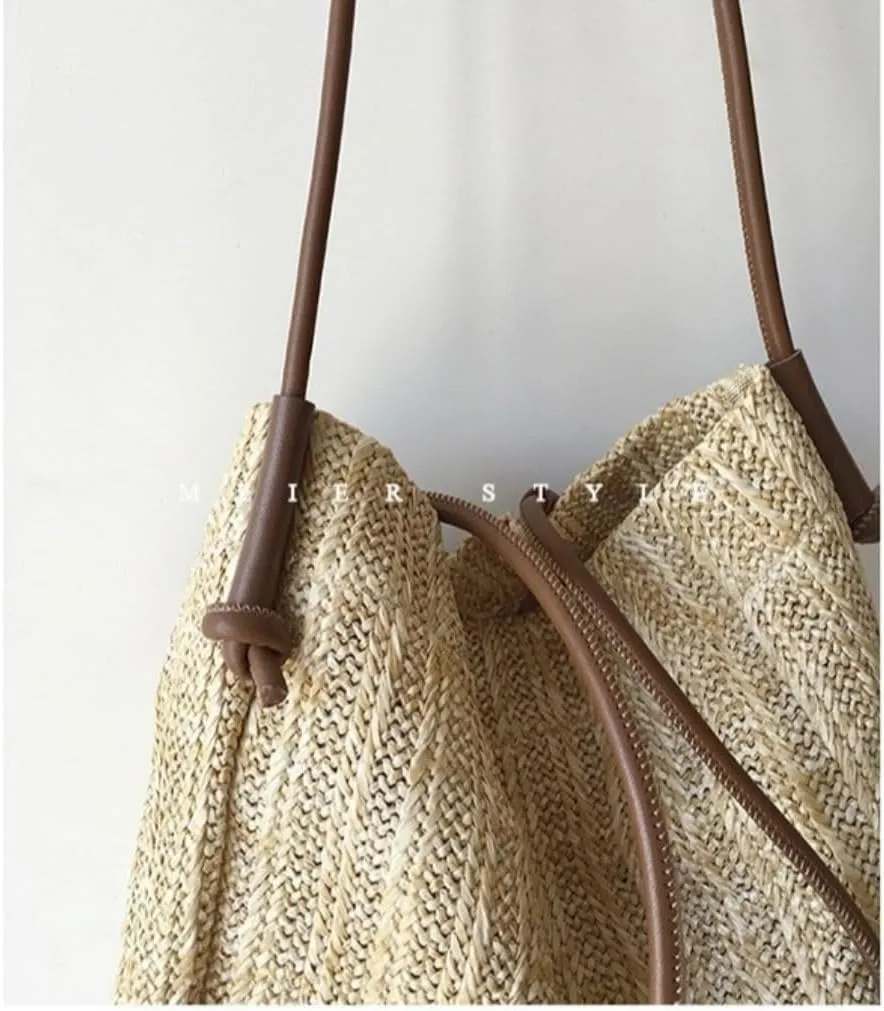 Straw Bag Summer woven basket bag contrasting color straw bucket bag handbag shoulder bag Straw Beach Bag