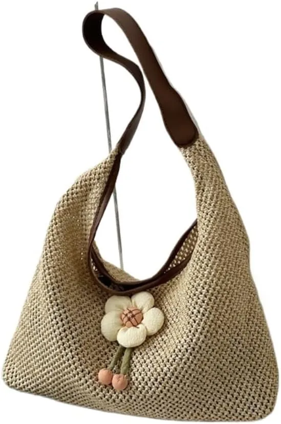 Straw Bag Weaving Fashionable Gentle Flower Decoration Shoulder Bag Summer New Straw Tote Bag Straw Beach Bag