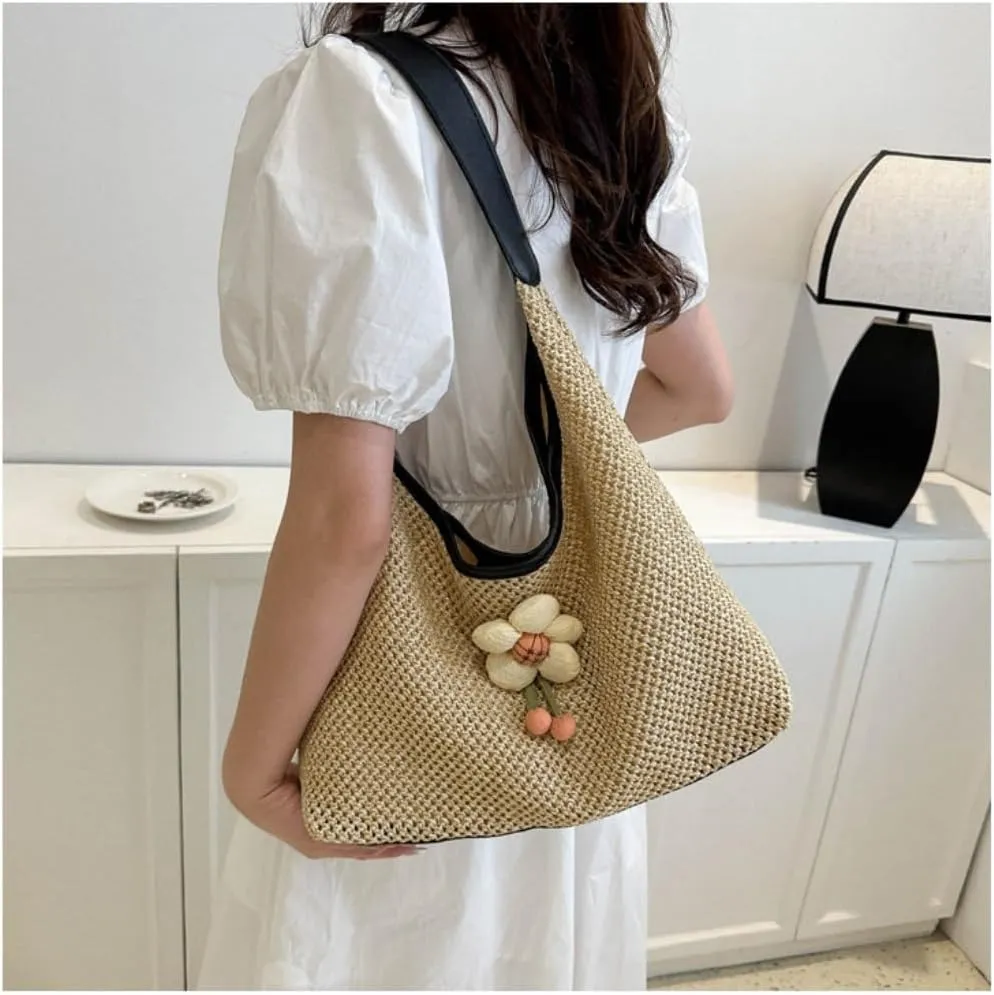 Straw Bag Weaving Fashionable Gentle Flower Decoration Shoulder Bag Summer New Straw Tote Bag Straw Beach Bag