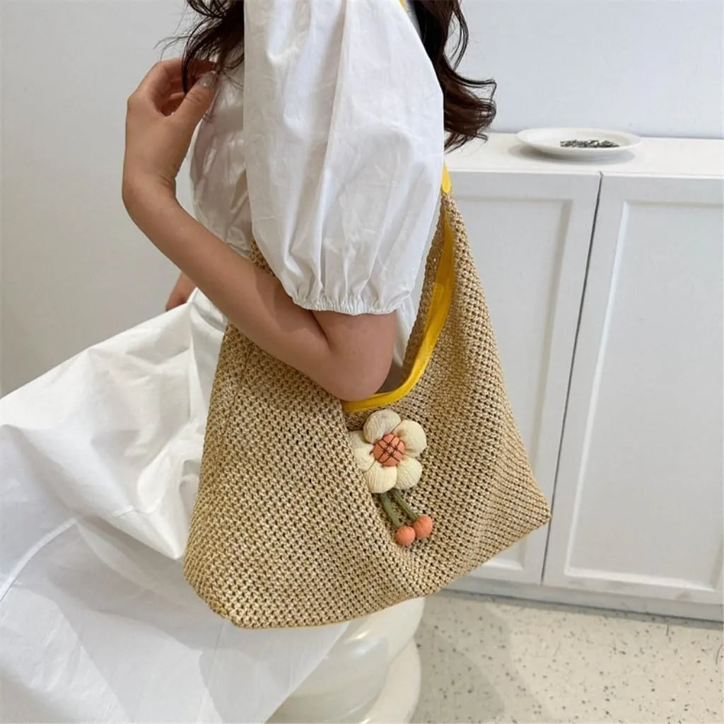 Straw Bag Weaving Fashionable Gentle Flower Decoration Shoulder Bag Summer New Straw Tote Bag Straw Beach Bag