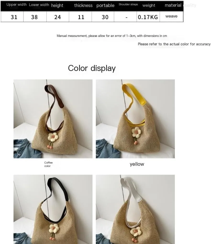 Straw Bag Weaving Fashionable Gentle Flower Decoration Shoulder Bag Summer New Straw Tote Bag Straw Beach Bag
