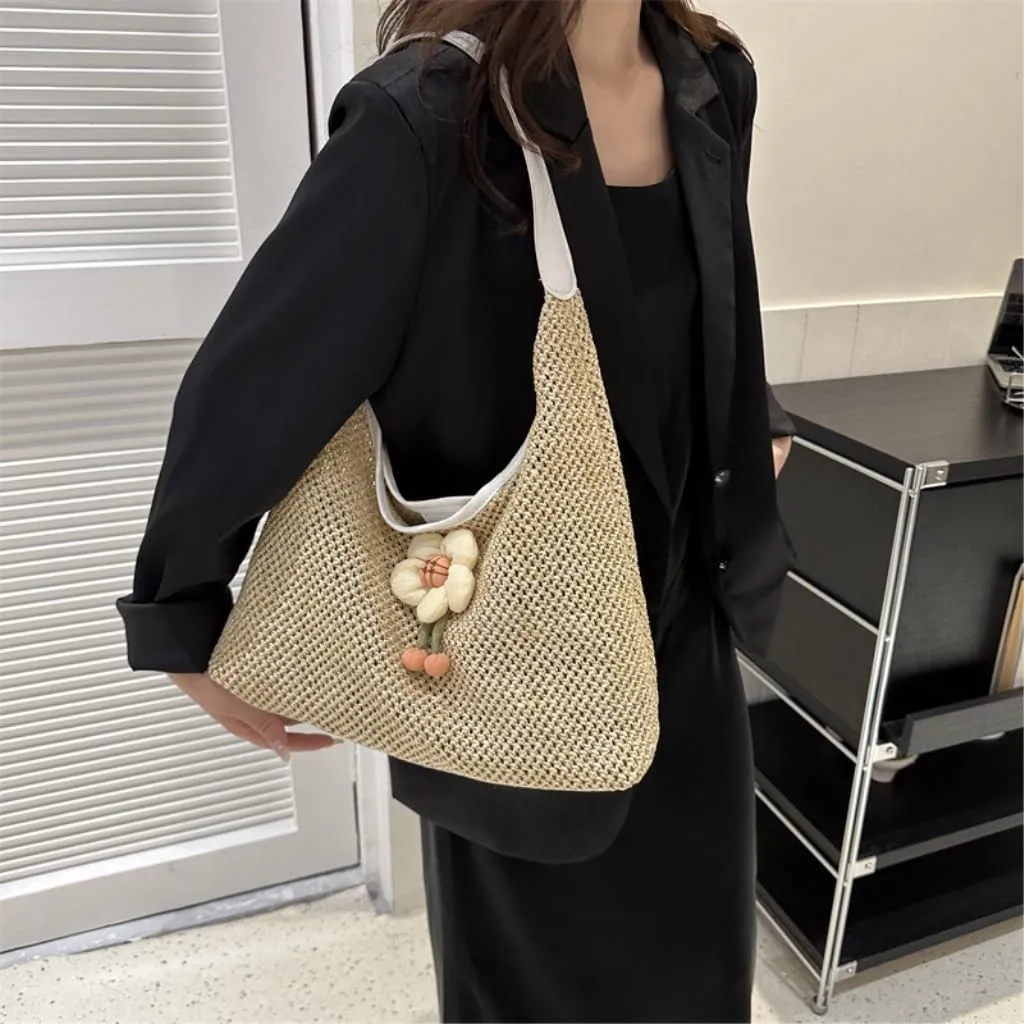 Straw Bag Weaving Fashionable Gentle Flower Decoration Shoulder Bag Summer New Straw Tote Bag Straw Beach Bag
