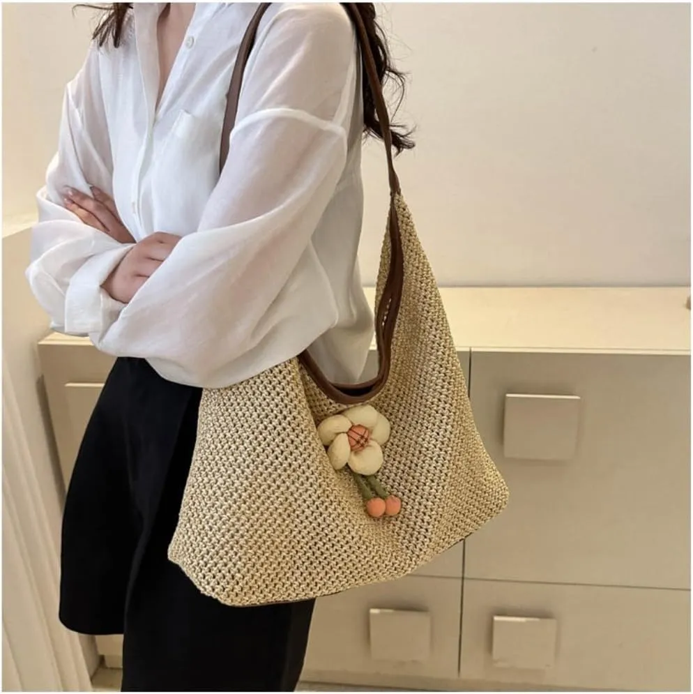 Straw Bag Weaving Fashionable Gentle Flower Decoration Shoulder Bag Summer New Straw Tote Bag Straw Beach Bag