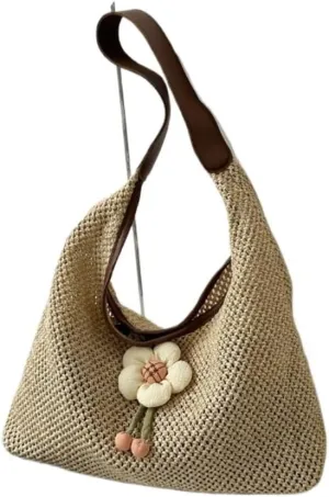 Straw Bag Weaving Fashionable Gentle Flower Decoration Shoulder Bag Summer New Straw Tote Bag Straw Beach Bag