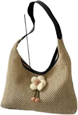 Straw Bag Weaving Fashionable Gentle Flower Decoration Shoulder Bag Summer New Straw Tote Bag Straw Beach Bag