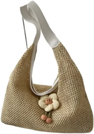 Straw Bag Weaving Fashionable Gentle Flower Decoration Shoulder Bag Summer New Straw Tote Bag Straw Beach Bag
