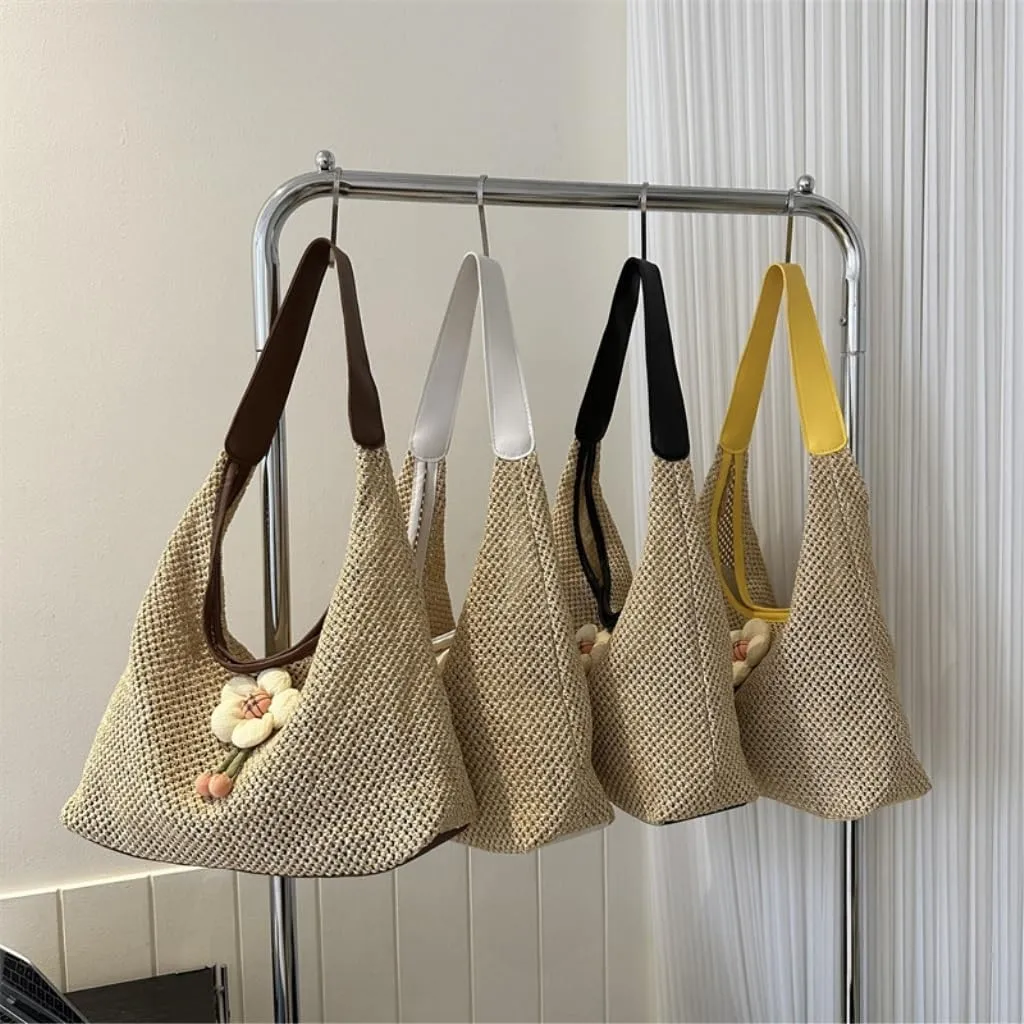 Straw Bag Weaving Fashionable Gentle Flower Decoration Shoulder Bag Summer New Straw Tote Bag Straw Beach Bag