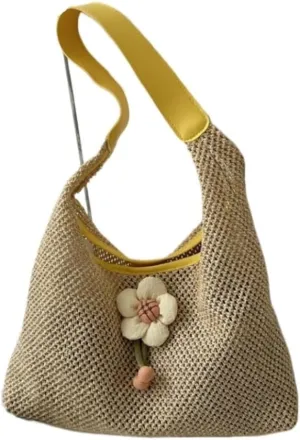 Straw Bag Weaving Fashionable Gentle Flower Decoration Shoulder Bag Summer New Straw Tote Bag Straw Beach Bag